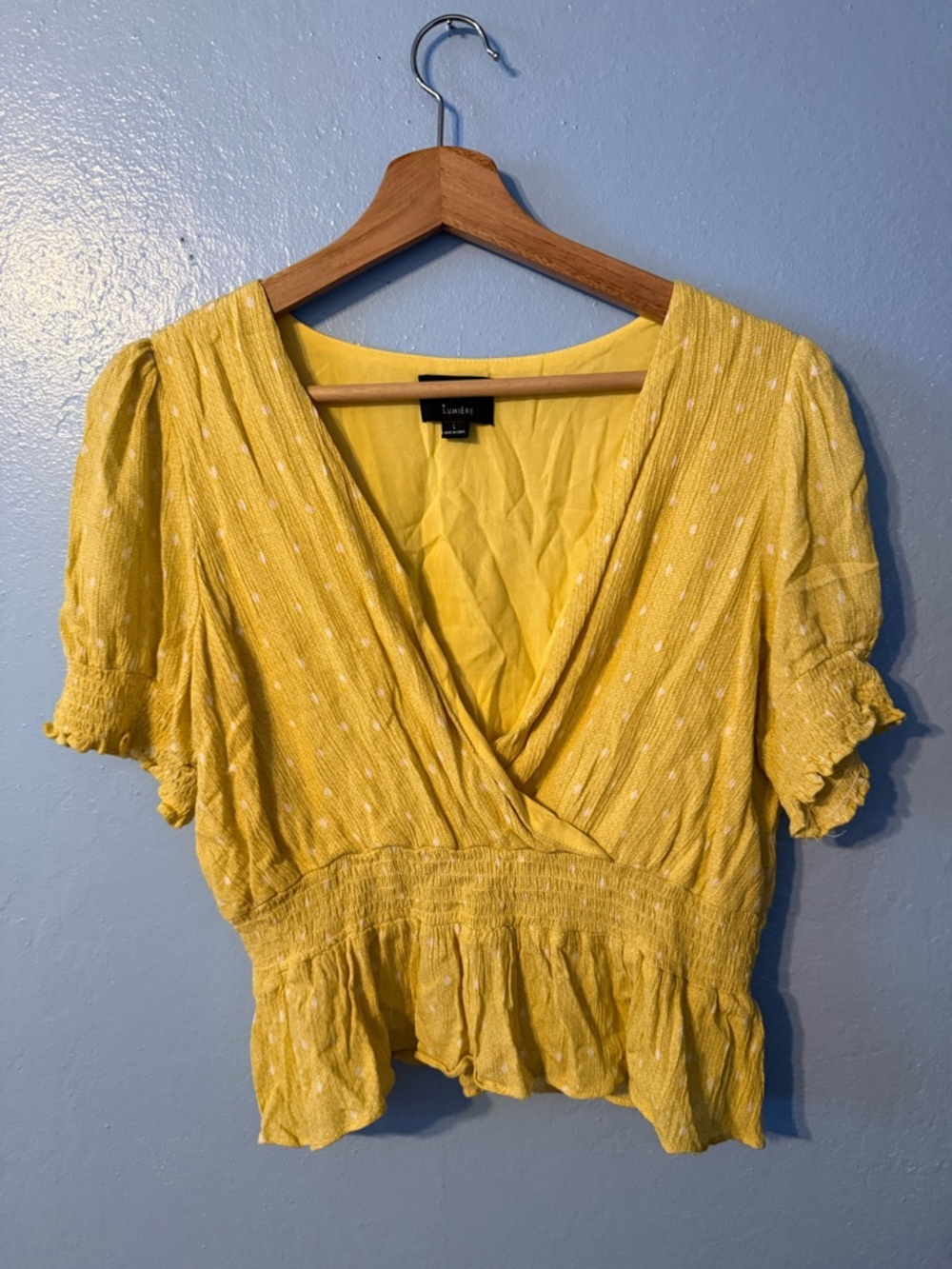 Lumiere Yellow Smocked Wrap-Front Women's Top